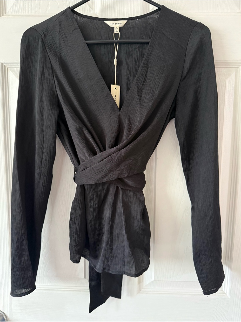 Black Wrap Blouse with Self-Tie Waist